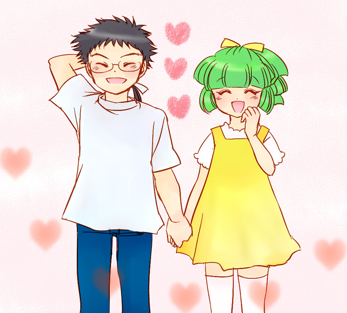 1boy 1girl :d ^_^ apricot_(pokemon) black_eyes black_hair blue_pants blunt_bangs blush closed_eyes couple denim dress flat_chest glasses green_hair happy heart hetero holding_hands jeans kiwotaro looking_at_viewer magical_pokemon_journey medium_hair nintendo open_mouth pants pokemon purple_eyes shirt smile standing thighhighs walnut_(pokemon) white_background white_dress white_shirt white_thighhighs yellow_dress