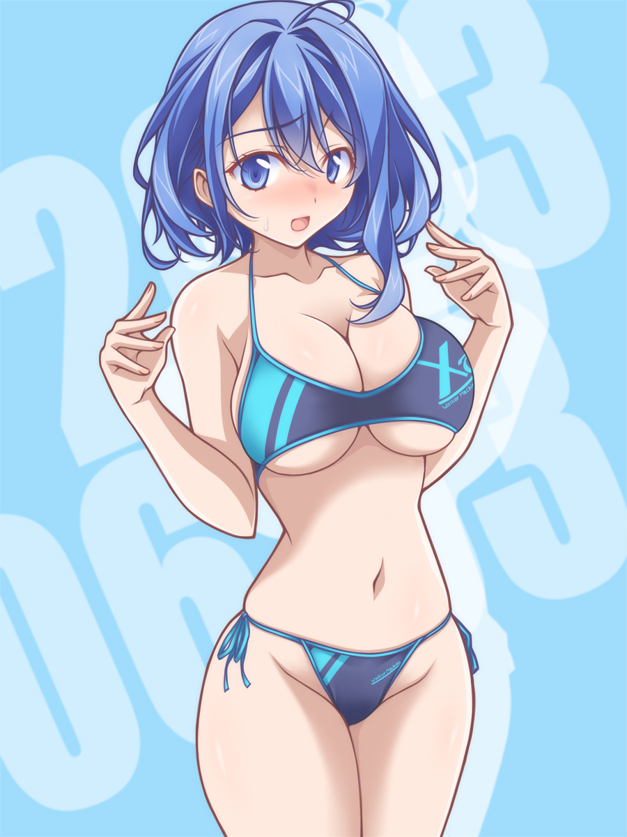 1girl bikini black_bikini blue_background blue_bikini blue_eyes blue_hair blush breasts cleavage cleft_of_venus commentary_request cowboy_shot dated halterneck highres kikuchi_tsutomu large_breasts looking_at_viewer medium_hair multicolored_bikini navel open_mouth original side-tie_bikini_bottom smile solo standing string_bikini sweatdrop swimsuit two-tone_bikini
