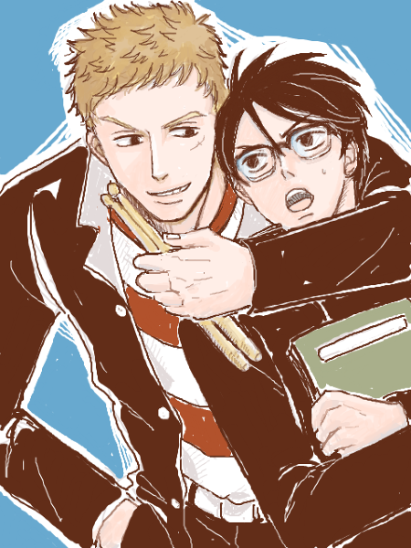 2boys arms_around_neck artist_request bad_id bad_pixiv_id black_hair black_jacket blonde_hair blue_background book cross_scar drumsticks eye_contact facial_scar gakuran glasses hand_in_pocket holding holding_book holding_drumsticks jacket kawabuchi_sentarou looking_at_another male_focus multiple_boys nishimi_kaoru open_clothes open_jacket open_mouth sakamichi_no_apollon scar scar_on_cheek scar_on_face school_uniform shirt short_hair simple_background striped_clothes striped_shirt sweatdrop upper_body