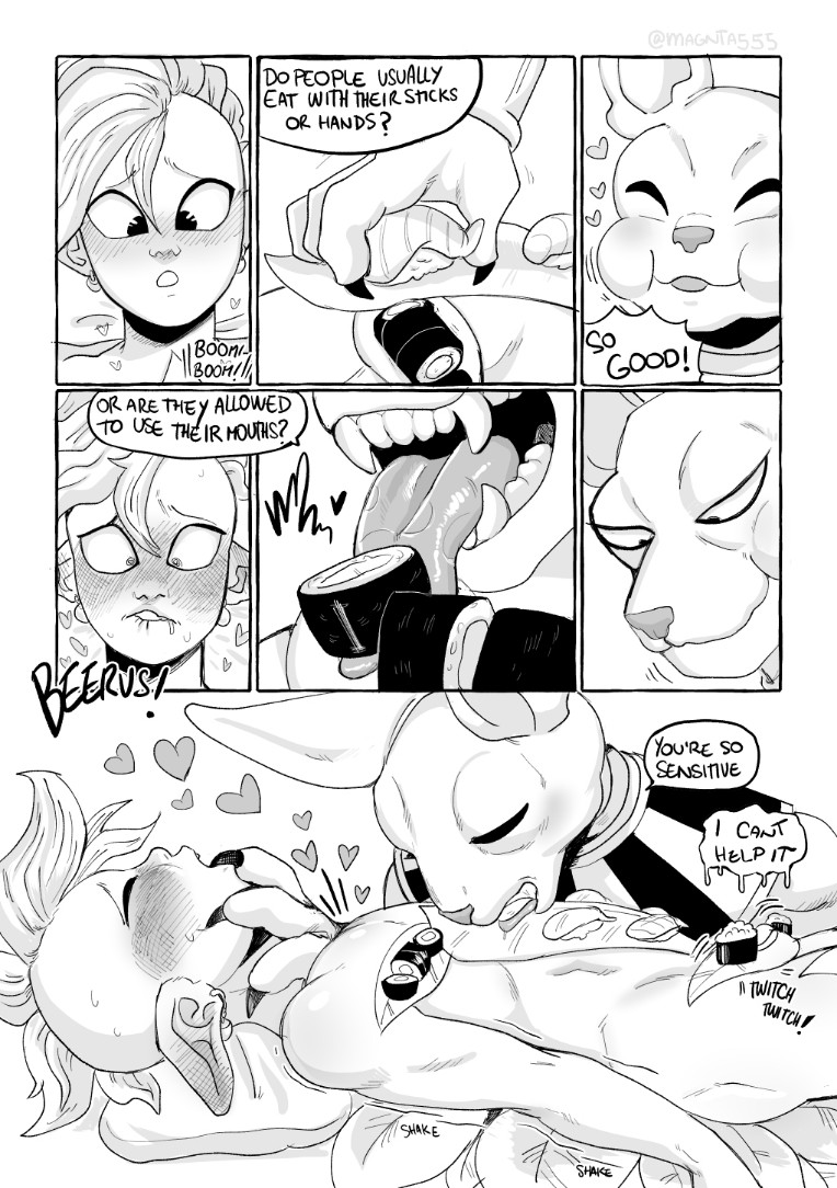 ! 2boys ? animal_ears beerus blush cat_boy cat_ears claws clothed_male_nude_male dragon_ball dragon_ball_super dragonball_z eating english_text fangs food god_of_destruction_beerus happy heart interspecies kaioushin leaf lip_biting magnta mohawk monochrome motion_lines multiple_boys nude pointy_ears shin_(dragon_ball) sound_effects sushi sweat sweatdrop tongue tongue_out trembling yaoi