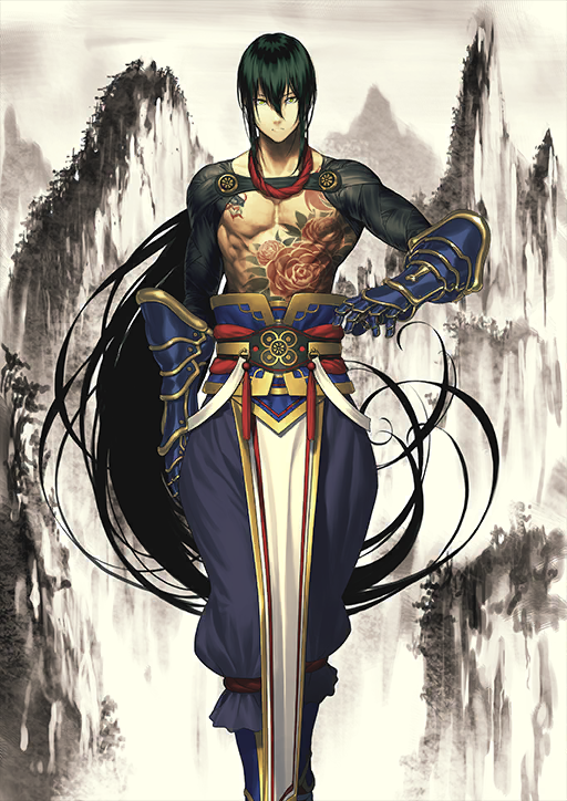 1boy abs arm_at_side black_boots black_pants boots chest_tattoo chinese_clothes closed_mouth clothing_request double-parted_bangs expressionless fate/grand_order fate_(series) feet_out_of_frame floating_hair flower_tattoo gauntlets green_eyes hair_between_eyes hand_up legs_together long_hair long_sidelocks looking_at_viewer low_ponytail male_focus official_art pants pectorals pelvic_curtain ponytail shima_udon sidelocks solo standing tattoo third-party_source toned toned_male topless_male variant_set very_long_hair white_background yan_qing_(fate)