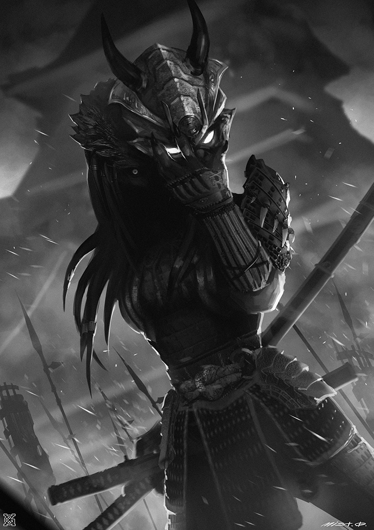 1girl alien armor breasts dreadlocks gauntlets greyscale helmet holding holding_mask japanese_armor katana long_hair mask monochrome pauldrons predator_(1987) predator_(character) predator_(series) samurai science_fiction shoulder_armor sword weapon xiaoguimist