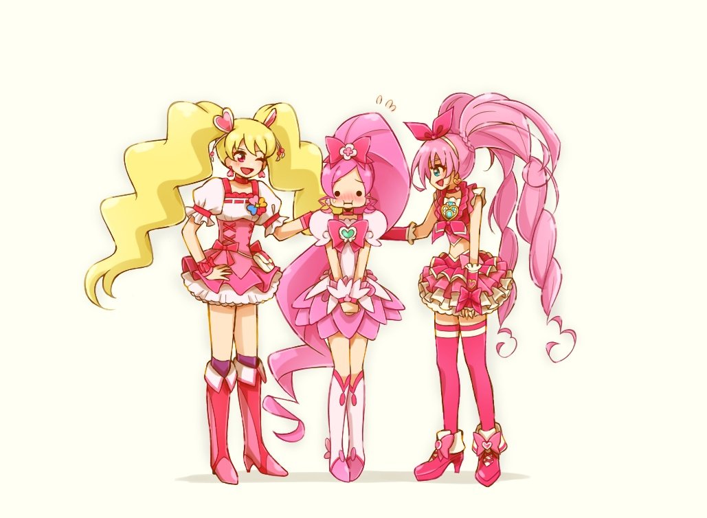 3girls :d aqua_eyes blonde_hair blush boots bow bow_hairband brooch choker closed_mouth crop_top cure_blossom cure_melody cure_peach dress earrings embarrassed flower_brooch fold-over_boots fresh_precure! full_body hair_bow hair_ornament hairband hanasaki_tsubomi hand_on_another&#039;s_shoulder hand_on_own_hip heart heart_earrings heart_hair_ornament heartcatch_precure! high_heel_boots high_heels high_ponytail houjou_hibiki in-franchise_crossover jewelry knee_boots kneehighs layered_skirt long_hair looking_at_another magical_girl momozono_love multiple_girls o_o one_eye_closed open_mouth own_hands_together parted_bangs pink_boots pink_dress pink_eyes pink_hair pink_skirt pink_thighhighs ponytail pouch precure puffy_cheeks puffy_short_sleeves puffy_sleeves purple_socks shoes short_sleeves simple_background skirt sleeveless smile socks standing suite_precure thighhighs twintails twintails_with_braided_base very_long_hair white_background white_skirt yuu13