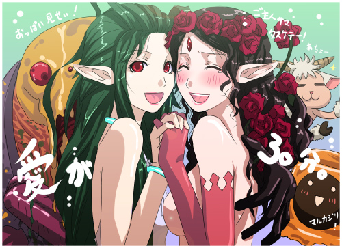 2girls :d amistr_(ragnarok_online) black_hair blue_background breasts closed_eyes commentary_request elbow_gloves flower gloves green_hair hair_flower hair_ornament holding_hands lif_(ragnarok_online) long_hair looking_at_viewer lowres medium_breasts mr.romance multiple_girls open_mouth pink_gloves pointy_ears ragnarok_online red_eyes red_flower red_rose rose sheep slime_(creature) smile translation_request upper_body vanilmirth_(ragnarok_online)