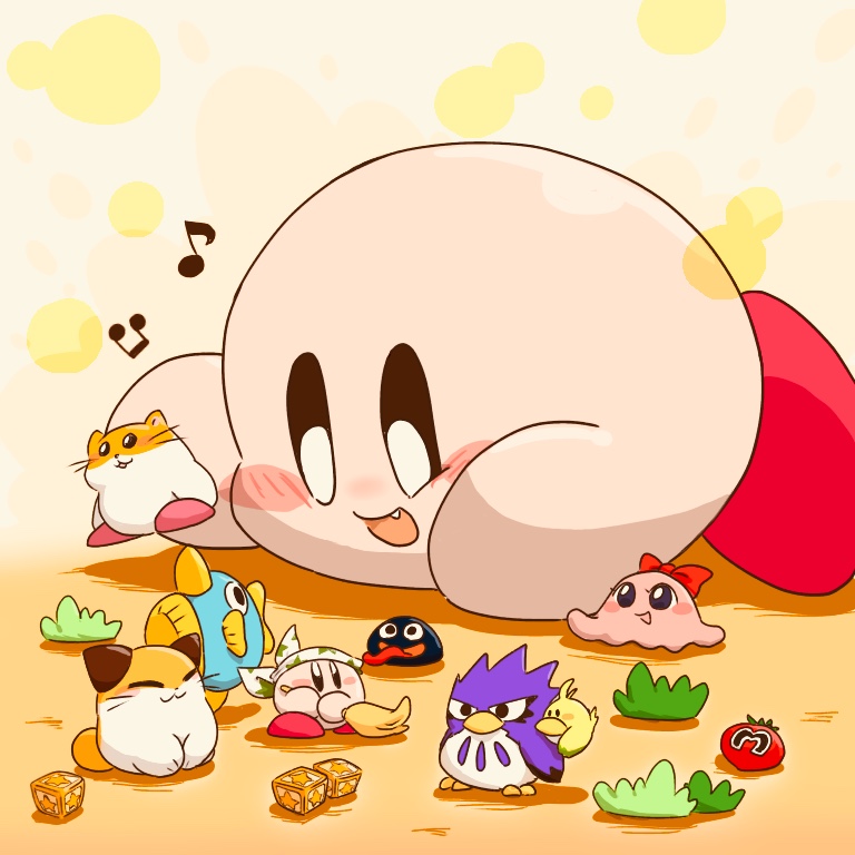 :3 :d bandana beamed_eighth_notes blush blush_stickers bow broom chuchu_(kirby) cleaning_kirby closed_eyes closed_mouth commentary_request coo_(kirby) copy_ability eighth_note fang figure gooey_(kirby) holding holding_broom kine_(kirby) kirby kirby_(series) long_tongue lying maxim_tomato musical_note nago_(kirby) nintendo no_humans on_stomach open_mouth pitch_(kirby) red_bow rick_(kirby) satojoyu simple_background smile solo star_(symbol) star_block star_print tongue tongue_out v-shaped_eyebrows white_bandana yellow_background