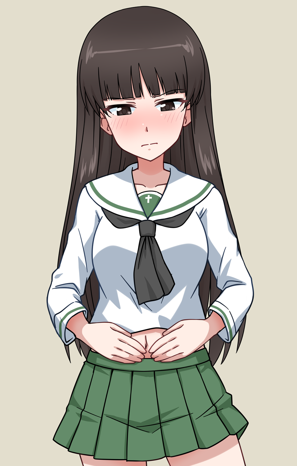 1girl black_eyes black_hair black_neckerchief blouse blunt_bangs blush closed_mouth covering_stomach cowboy_shot frown girls_und_panzer goriate green_skirt grey_background half-closed_eyes highres long_hair long_sleeves looking_at_viewer midriff miniskirt navel neckerchief nishizumi_shiho ooarai_school_uniform pleated_skirt sailor_collar school_uniform serafuku shirt skirt solo standing straight_hair white_sailor_collar white_shirt