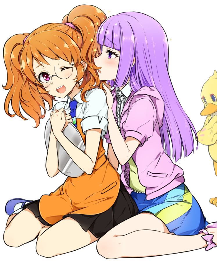 3girls ;d aikatsu! aikatsu!_(series) alternate_hairstyle animal_costume blunt_bangs blush duck_costume glasses hikami_sumire hime_cut hood hoodie long_hair minatsuki_randoseru multiple_girls necktie one_eye_closed ozora_akari open_clothes open_hoodie open_mouth orange_hair pleated_skirt purple_eyes purple_hair red_eyes round_eyewear shinjo_hinaki short_sleeves sideways_mouth simple_background sitting skirt slippers smile socks sparkle tray twintails waitress wariza white_background yuri
