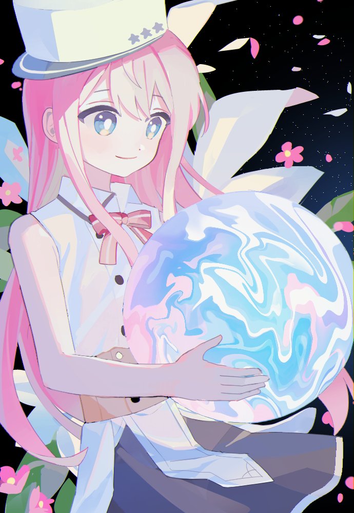 1girl ball black_skirt blue_eyes bow cjsdh1000 flower hair_between_eyes hat holding holding_ball long_hair petals pink_flower pink_hair shii_(siixtar_gate) shirt sixtar_gate skirt sleeveless sleeveless_shirt solo very_long_hair white_flower white_hat white_shirt