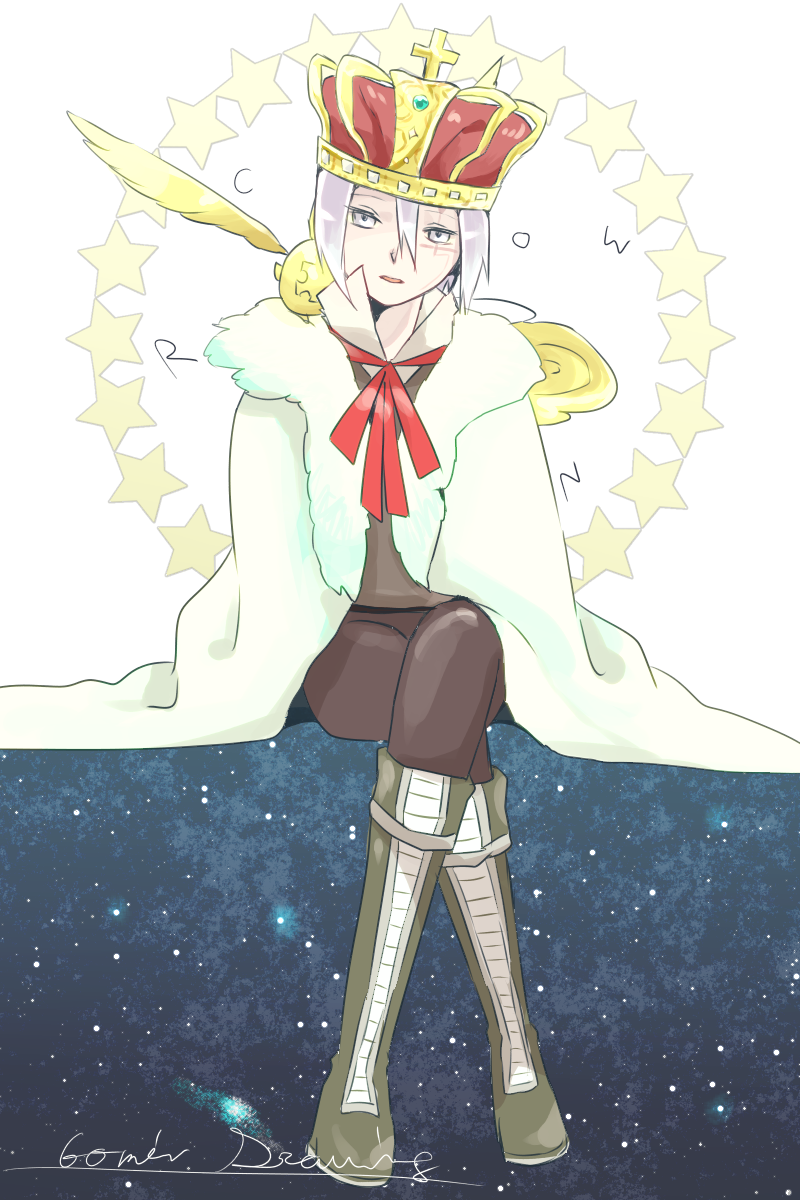 1boy 1other allen_walker boots brown_pants brown_vest cloak collared_shirt creature creature_on_shoulder cross crossed_legs crown d.gray-man facial_mark fur-trimmed_cloak fur_trim galaxy gold_crown golem_(d.gray-man) green_boots grey_eyes hair_between_eyes highres horns looking_at_viewer mizuto_(o96ap) night night_sky on_shoulder pants parted_lips red_ribbon ribbon scar scar_across_eye scar_on_face shirt short_hair sidelocks sitting sky star_(sky) star_(symbol) tail timcanpy vest white_background white_cloak white_hair white_shirt wings yellow_star