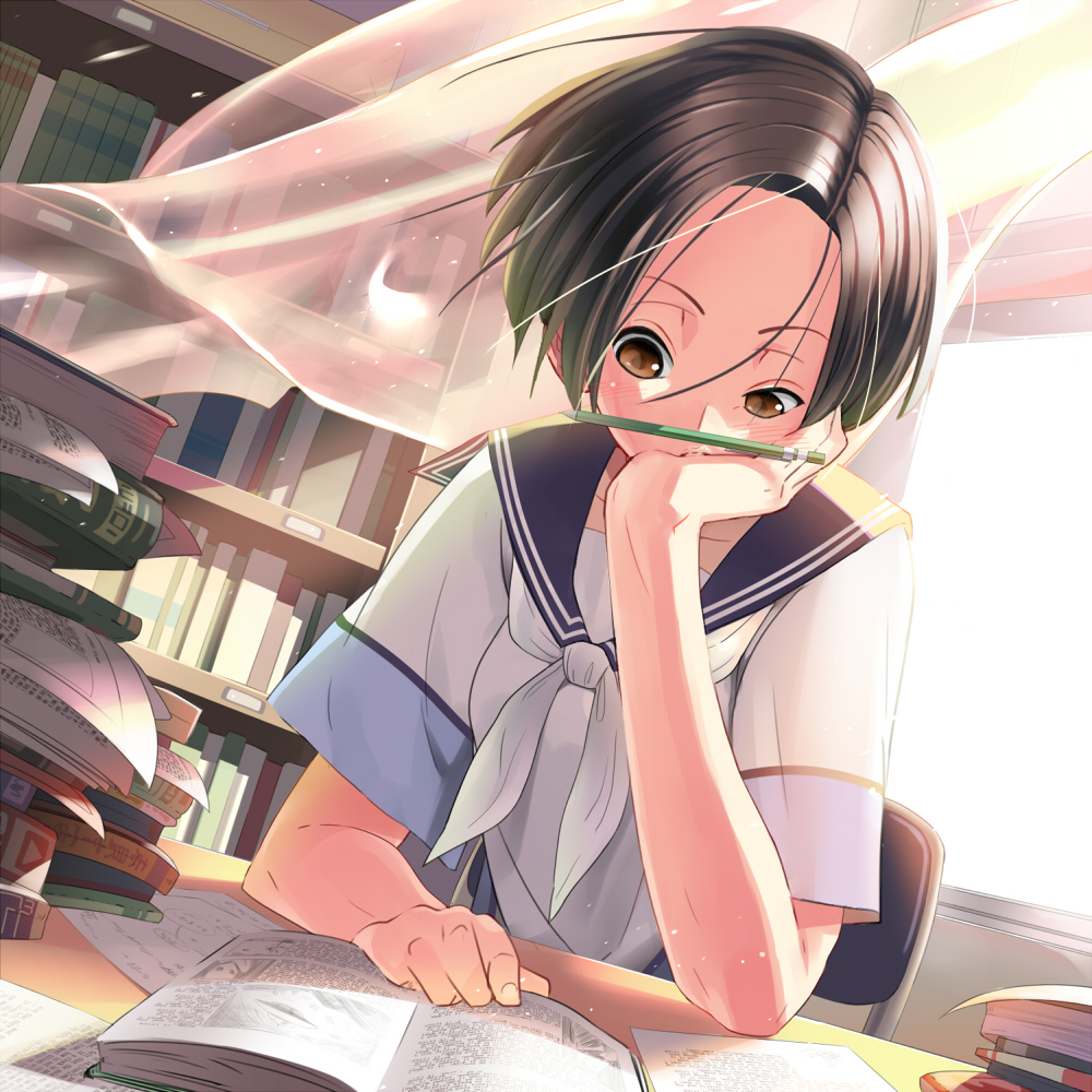 1girl bad_id bad_pixiv_id balancing black_hair blush book bookshelf brown_eyes curtains desk female_focus floating_curtains head_rest kobayakawa_rinko love_plus makokujira open_book paper pencil pencil_as_mustache school_uniform serafuku short_hair solo studying sunlight wind