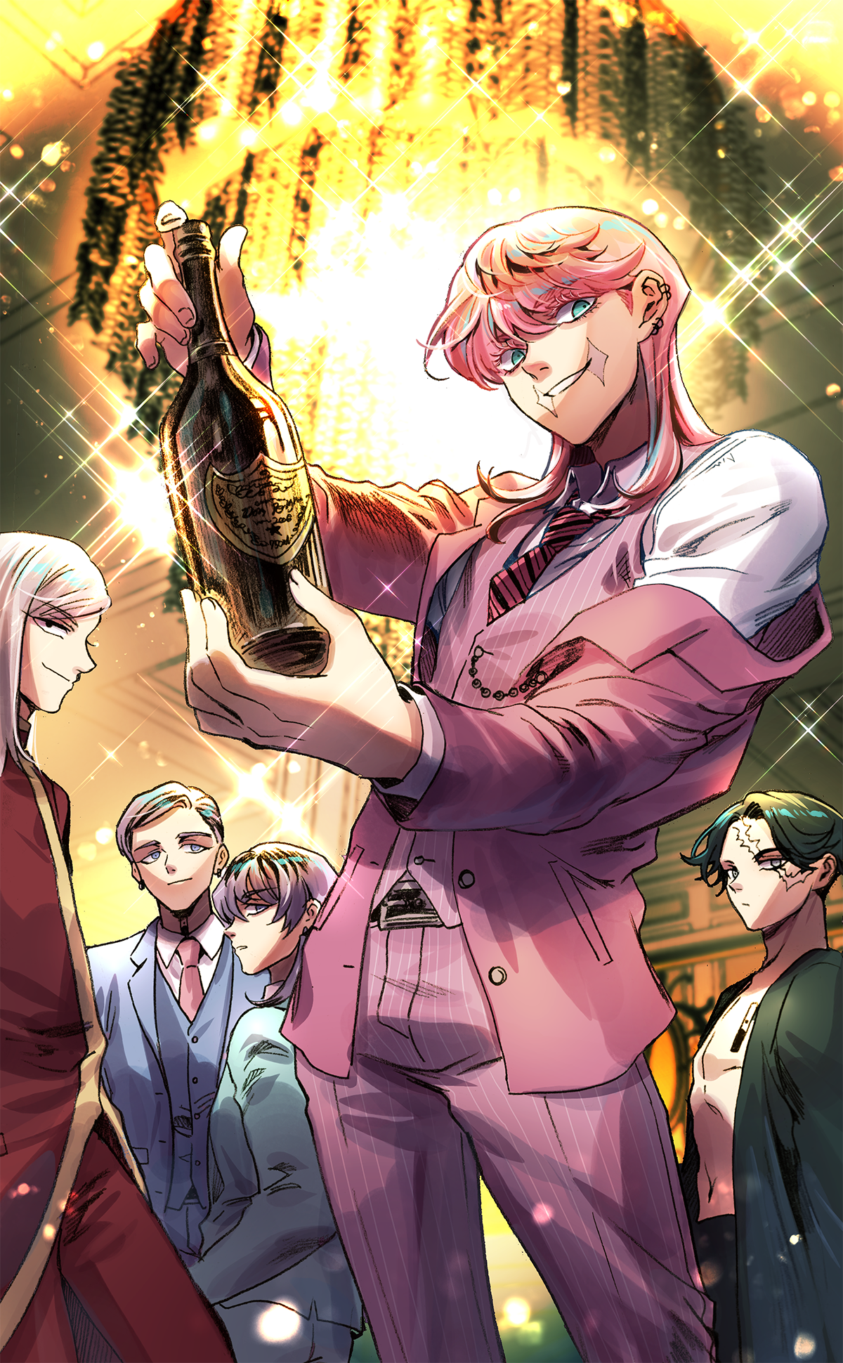 5boys aqua_eyes bae_(baebae) black_eyes black_hair blue_jacket bottle chandelier collared_shirt cowboy_shot ear_piercing eyelashes formal_clothes from_below haitani_ran haitani_rindou heterochromia highres holding holding_bottle jacket kakuchou kokonoi_hajime light_blue_jacket looking_at_another looking_at_viewer male_focus multicolored_hair multiple_boys necktie open_clothes open_jacket pants parted_lips piercing pink_hair pink_necktie purple_eyes purple_hair purple_jacket purple_pants purple_vest red_pants red_shirt sanzu_haruchiyo scar scar_on_face shirt sideways_glance smirk solo_focus standing streaked_hair striped_clothes suit tokyo_revengers vest white_hair white_shirt wine_bottle