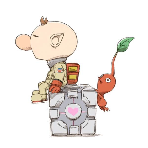 1boy aperture_science_weighted_companion_cube backpack bag big_nose black_eyes box brown_hair closed_mouth colored_skin copyright_request from_side full_body gloves leaf male_focus naru_(wish_field) nintendo no_headwear no_mouth olimar on_box patch pikmin_(creature) pikmin_(series) pointy_nose portal_(series) red_bag red_gloves red_pikmin red_skin short_hair simple_background sitting sitting_on_box spacesuit very_short_hair white_background