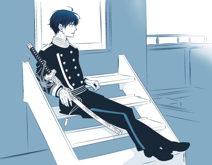1boy arm_support buttons double-breasted doujigiri_yasutsuna_(tactics) full_body gloves holding holding_sheath imperial_japanese_army katana kinoshita_sakura looking_to_the_side male_focus military_uniform minamoto_raikou monochrome profile reclining sheath sheathed short_hair sitting sitting_on_stairs solo stairs sword tactics weapon