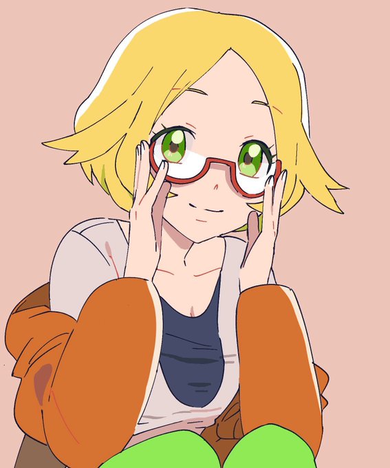 1girl adjusting_eyewear bianca_(pokemon) blonde_hair breasts cleavage collarbone glasses green_eyes jacket looking_at_viewer medium_breasts nashubi_(to_infinity_wow) nintendo orange_background orange_jacket pokemon pokemon_bw2 red-framed_eyewear simple_background smile solo