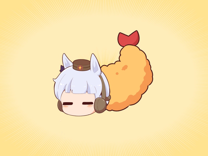 1girl animal_ears blush_stickers bow brown_background brown_hat chibi closed_eyes ear_bow ear_covers facing_viewer food gold_ship_(umamusume) gomashio_(goma_feet) grey_hair hat horse_ears in_food mini_hat mini_person minigirl purple_bow shrimp shrimp_tempura simple_background solo tempura umamusume