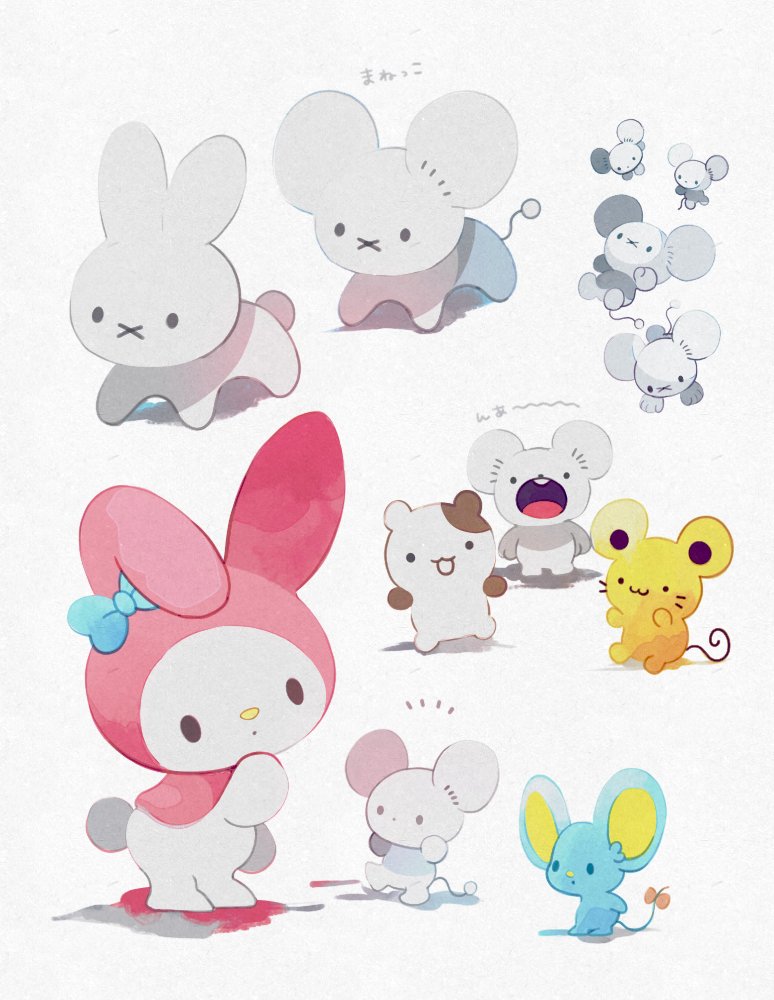:3 :o animal_focus blue_bow bow closed_mouth commentary_request dot_mouth full_body grey_background hand_on_own_face hand_up happy li04r maushold maushold_(family_of_four) miffy miffy_(character) mouse_(animal) mr._flat muffin_(sanrio) my_melody nintendo no_humans onegai_my_melody open_mouth pokemon pokemon_(creature) rabbit sanrio scone_(sanrio) simple_background solid_circle_eyes solid_oval_eyes standing tandemaus translation_request