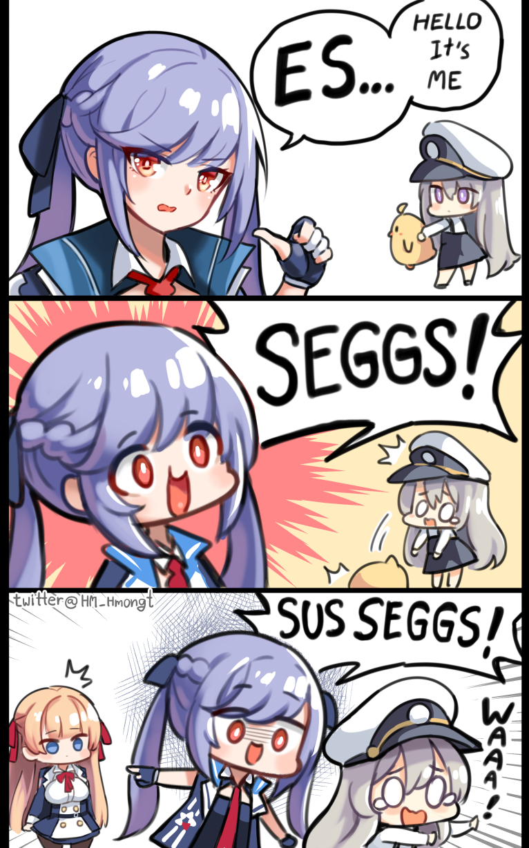 azur_lane blonde_hair blue_cloak blue_dress blue_hair cloak collared_cloak dress eagle_union_(emblem) english_text enterprise_(azur_lane) essex_(azur_lane) fleeing hat highres hm_(hmongt) little_enterprise_(azur_lane) long_hair meme necktie overall_skirt pantyhose peaked_cap pointing pointing_at_another purple_eyes red_eyes red_necktie scared seggs_(meme) silver_hair speech_bubble sussex_(azur_lane) twintails