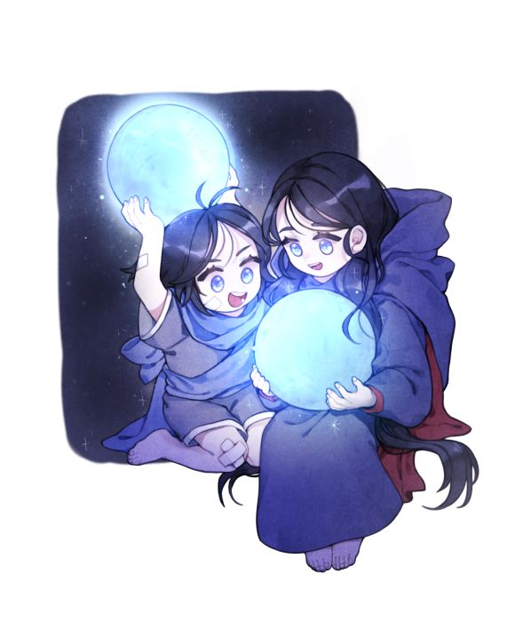 2girls aged_down antenna_hair bandaid bandaid_on_arm bandaid_on_face bandaid_on_knee bandaid_on_leg barefoot black_hair blue_eyes blue_robe child donar0217 elden_ring grey_shirt grey_shorts hashtag-only_commentary invisible_chair long_hair moon multiple_girls open_mouth rellana_twin_moon_knight rennala_queen_of_the_full_moon robe shirt short_hair shorts siblings sisters sitting smile toes very_long_hair