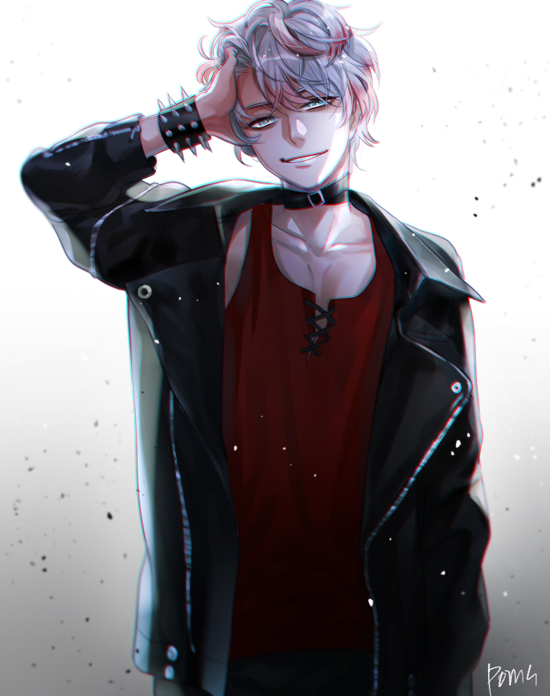 1boy black_choker black_jacket bracelet choker chromatic_aberration collarbone commentary dndk5656 gradient_background grey_hair grin hand_on_own_head jacket jewelry leather leather_jacket long_sleeves looking_at_viewer male_focus pectoral_cleavage pectorals red_shirt shirt signature smile spiked_bracelet spikes susanghan_messenger symbol-only_commentary tank_top unknown_(susanghan_messenger) white_background