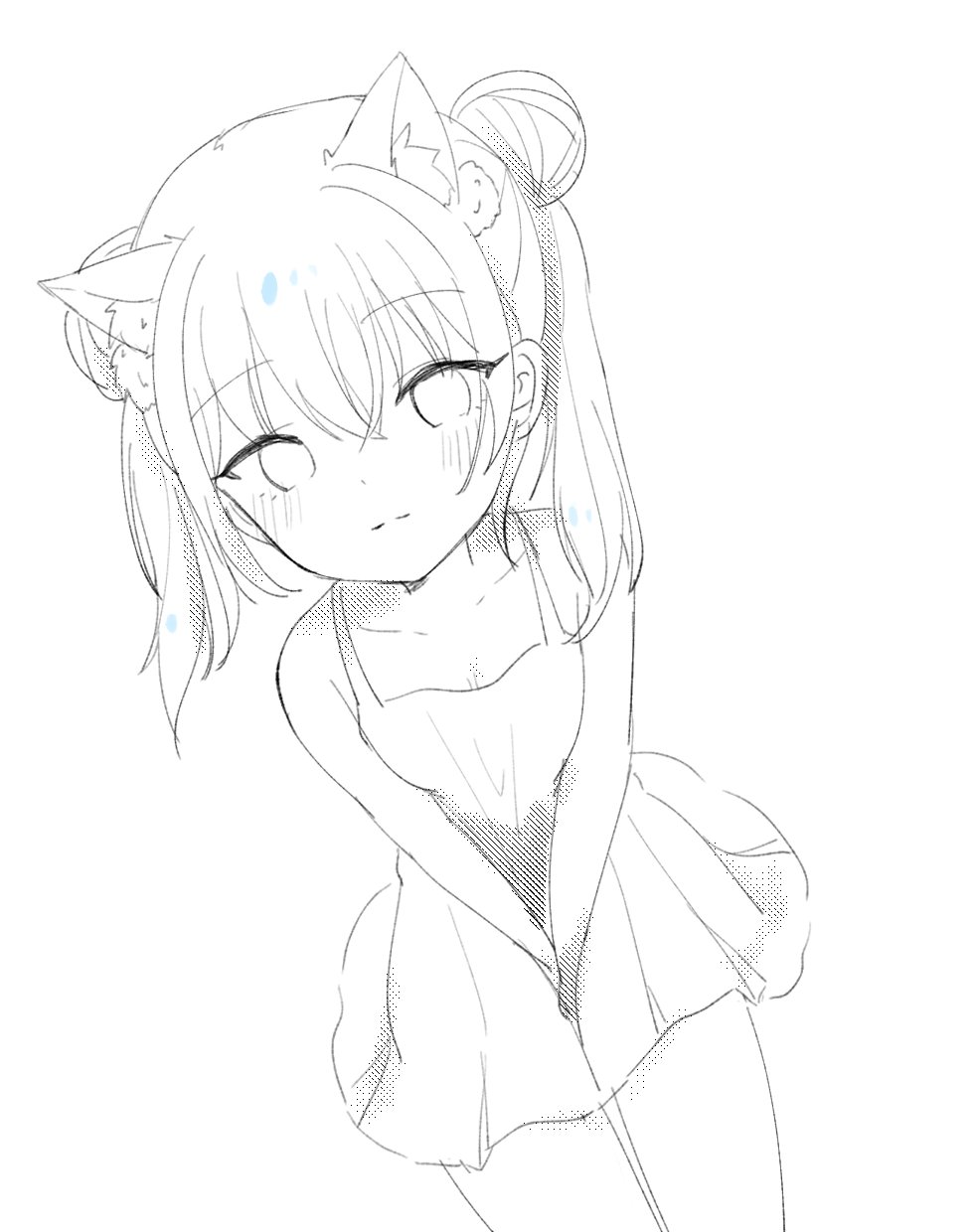 1girl animal_ears arms_between_legs bare_shoulders blush breasts camisole chammae child cleavage closed_mouth collarbone double_bun goddess_of_victory:_nikke greyscale hair_bun highres monochrome n102_(miracle_fairy)_(nikke) n102_(nikke) short_twintails simple_background sketch small_breasts smile solo twintails white_background