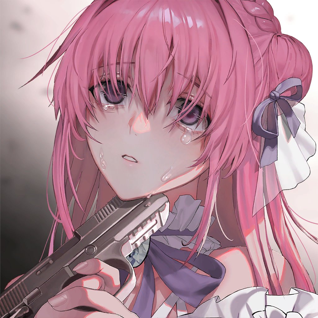 1girl attempted_suicide braid crying crying_with_eyes_open detached_sleeves dorothy_(nikke) dress game_cg goddess_of_victory:_nikke gun hair_bun holding holding_gun holding_weapon long_hair long_sleeves non-web_source off-shoulder_dress off_shoulder official_art pink_hair purple_eyes simple_background spoilers tears third-party_source very_long_hair wavy_hair weapon white_dress