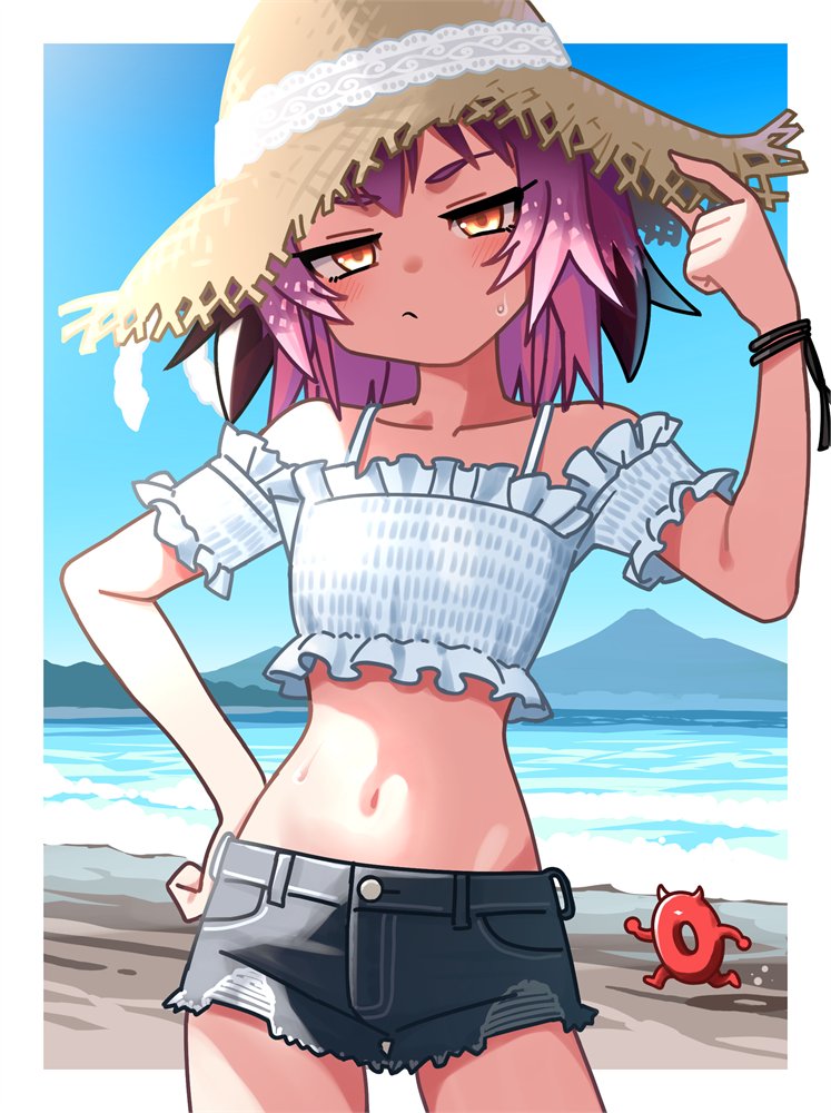 1girl abyssal_ship beach blush closed_mouth collarbone cowboy_shot day enemy_lifebuoy_(kancolle) grey_shorts hat kantai_collection kunashiri_(kancolle) looking_at_viewer mizoki_kei navel ocean outdoors pink_hair shirt short_hair short_sleeves shorts straw_hat two_side_up white_shirt yellow_eyes