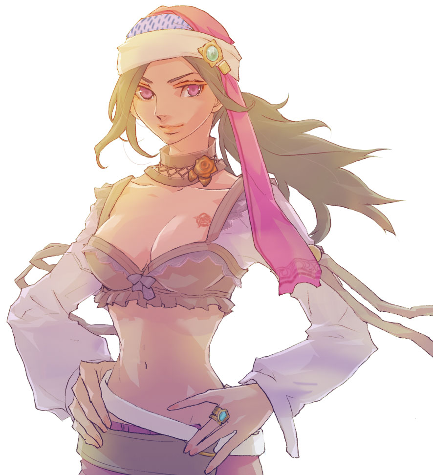 1980s_(style) 1girl black_hair breasts cleavage female_focus final_fantasy final_fantasy_ii jewelry leila long_hair midriff oldschool pirate purple_eyes reila retro_artstyle ring simple_background solo source_request tattoo