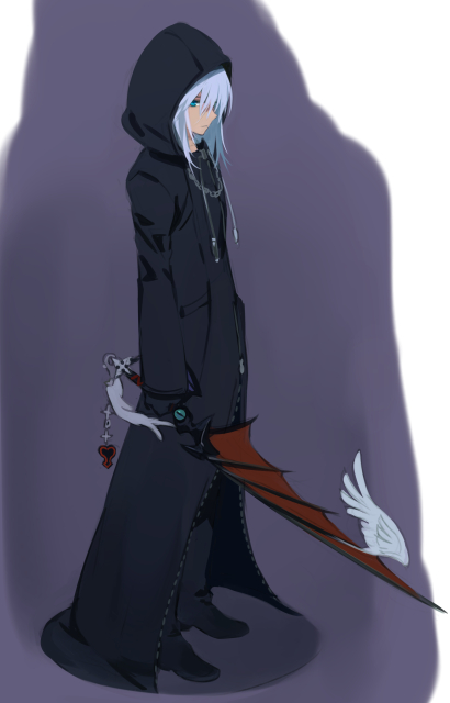 1boy boots cloak hood keyblade charm_(object) kingdom_hearts long_hair looking_at_viewer male_focus nino_(nino_imo) riku_(kingdom_hearts) silver_hair solo standing weapon