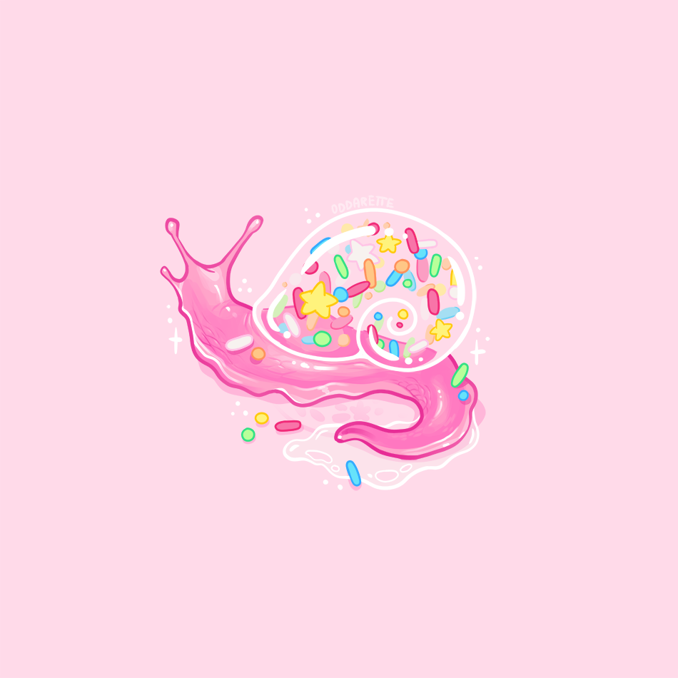 animal animal_focus charongess commentary english_commentary food-themed_creature full_body no_humans original pink_background see-through_clothes shell simple_background snail snail_shell sprinkles star_(symbol)