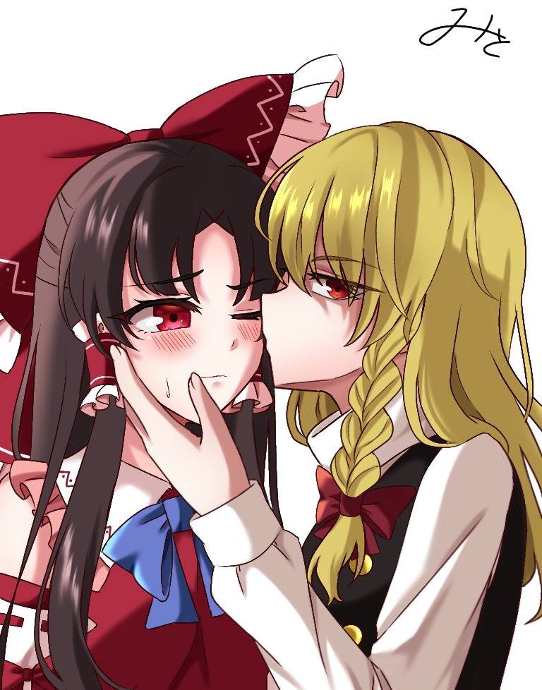 2girls black_vest blonde_hair blue_bow blue_bowtie bow bowtie brown_hair closed_mouth commentary_request detached_sleeves frilled_bow frilled_hair_tubes frills hair_bow hair_tubes hakurei_reimu hands_on_another&#039;s_cheeks hands_on_another&#039;s_face imminent_kiss kirisame_marisa long_hair long_sleeves looking_at_viewer mito_(fate) multiple_girls no_headwear one_eye_closed red_bow red_eyes ribbon-trimmed_sleeves ribbon_trim sideways_glance signature simple_background sweatdrop touhou vest white_background yuri