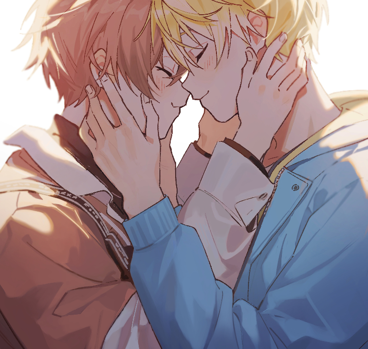 2boys alban_knox black_shirt blonde_hair blue_jacket blush brown_hair closed_eyes closed_mouth commentary fingernails hand_on_another&#039;s_face happy hashtag-only_commentary hood hood_down hooded_jacket jacket lapels layered_sleeves long_sleeves male_focus merry-san_(w00sjn) multiple_boys nijisanji nijisanji_en profile shirt simple_background smile sonny_brisko sonny_brisko_(2nd_costume) touching_forehead two-sided_fabric two-sided_jacket unzipped upper_body white_background yaoi zipper
