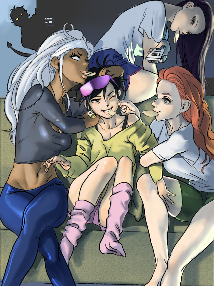 4girls black_hair breasts cheek_pinching chips_(food) cleavage crossed_legs dark-skinned_female dark_skin earrings eyewear_on_head food green_eyes grin hand_on_another&#039;s_head harem jean_grey jewelry jubilee kaze_fukeba_nanashi long_hair marvel medium_breasts midriff multiple_girls navel nightcrawler one_eye_closed orange_hair pale_skin pinching potato_chips psylocke red_hair short_hair shorts sitting small_breasts smile storm_(x-men) wavy_hair white_eyes white_hair x-men