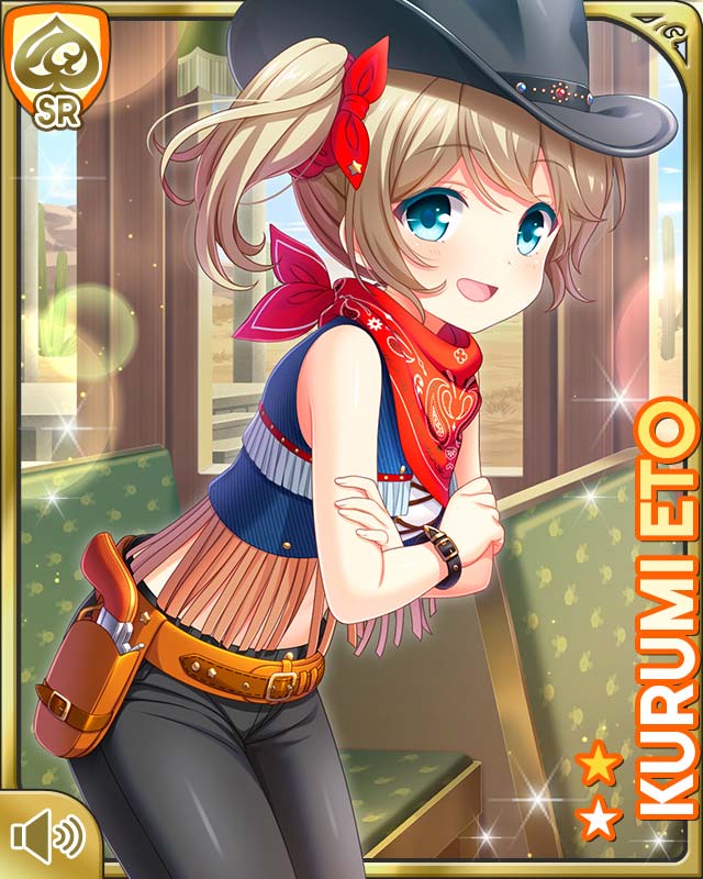 1girl :d black_hat black_pants blonde_hair blue_eyes card_(medium) character_name cowboy_clothes cowboy_hat cowboy_western day denim eto_kurumi girlfriend_(kari) gun handgun handkerchief hat holstered jeans midriff navel official_art open_mouth outdoors pants pistol ponytail qp:flapper red_neckwear shirt smile solo tagme weapon white_shirt