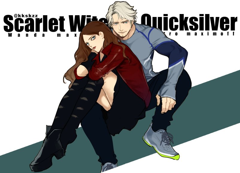 1boy 1girl avengers:_age_of_ultron avengers_(series) beard_stubble black_thighhighs boots brother_and_sister brown_hair character_name commentary_request facial_hair jacket long_hair long_sleeves marvel marvel_cinematic_universe meiji_(pecosyr5) mustache_stubble pietro_maximoff quicksilver_(marvel) red_jacket red_lips scarlet_witch shoes short_hair siblings sideburns sitting sneakers stubble thighhighs twitter_username wanda_maximoff white_hair