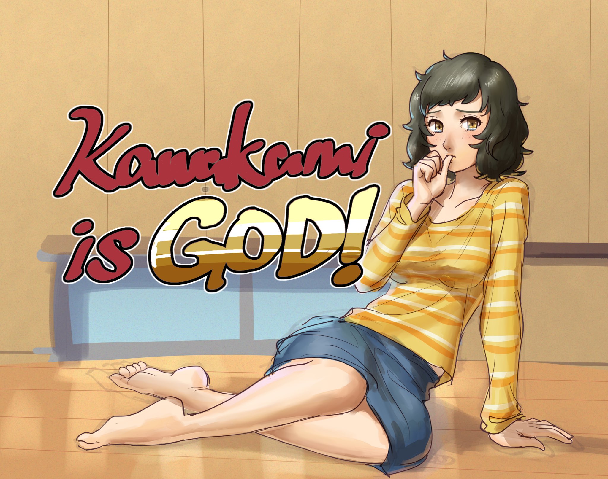 arm_support barefoot biting biting_own_thumb black_hair blue_skirt breasts brown_eyes collarbone english_text highres horizontal-striped_clothes kawakami_sadayo leaning_to_the_side medium_breasts on_floor persona persona_5 poechan_chan shirt sitting skirt striped_clothes striped_shirt tearing_up wooden_floor yellow_shirt