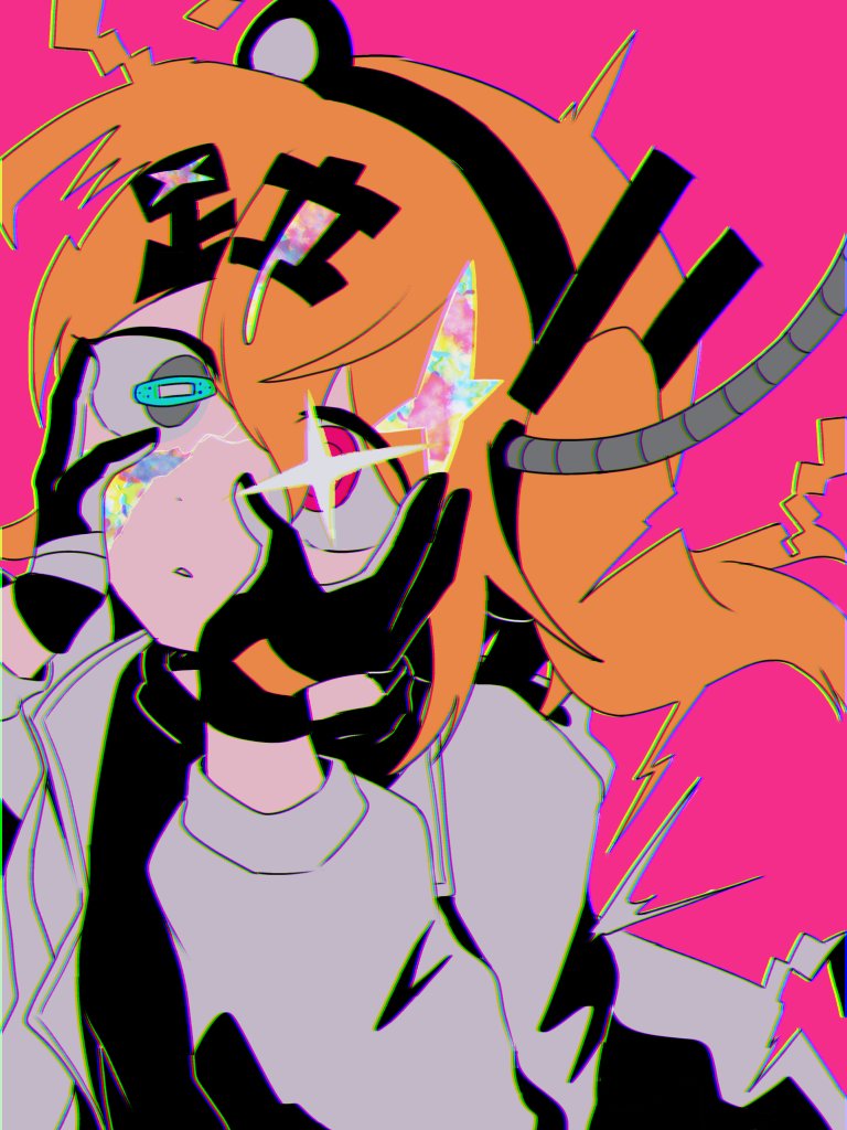1girl a.i._voice adachi_rei alternate_eye_color bandaid_on_eye black_gloves black_shirt cable cracked_skin gloves grey_eyes hands_on_own_cheeks hands_on_own_face headlamp heterochromia jacket kanji_hair_ornament kebamushi long_sleeves one_side_up open_clothes open_jacket orange_hair pink_background pink_eyes radio_antenna shirt solo tougenkyou_e_ikou_(utau) upper_body utau white_jacket