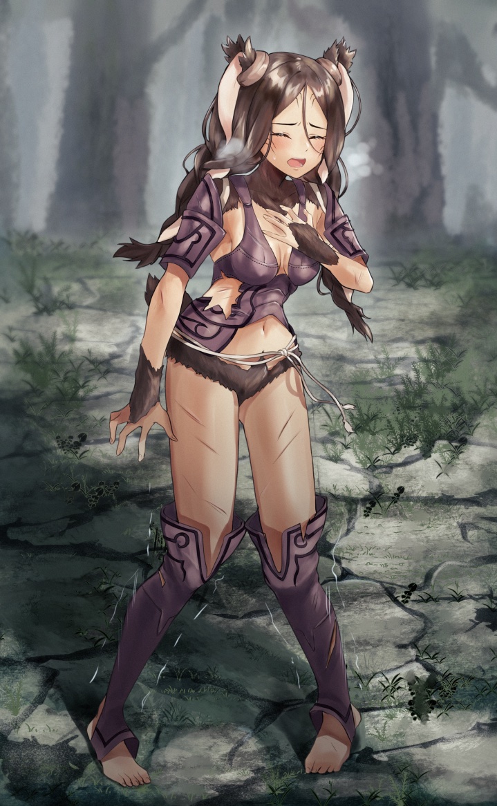 1girl animal_ears armor braid brown_fur brown_hair closed_eyes commission facial_mark fire_emblem fire_emblem_awakening hair_around_ear long_hair nintendo no_panties open_mouth panne_(fire_emblem) purple_armor rabbit_ears rabbit_girl skeb_commission solo string_belt taguel tori_ririisu twin_braids