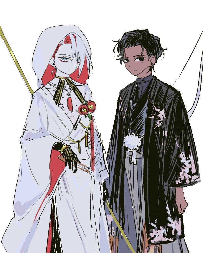 2boys arjuna_(fate) black_eyes black_hair black_vs_white blue_eyes bow_(weapon) brothers commentary_request dark-skinned_male dark_skin expressionless eyeliner fate/grand_order fate_(series) folding_fan grey_hakama hakama half-siblings hand_fan haori holding holding_fan holding_polearm holding_weapon hood hood_up husband_and_husband implied_incest implied_yaoi japanese_clothes jhwxxxnb karna_(fate) kimono korean_commentary makeup male_focus multiple_boys pale_skin polearm red_eyeliner shiromuku siblings uchikake wataboushi weapon white_hair