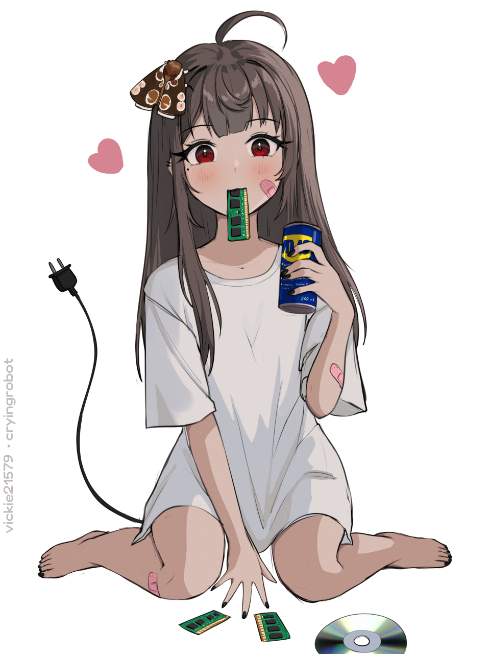 1girl ahoge animal animal_on_head artist_name bandaid bandaid_on_arm bandaid_on_cheek bandaid_on_face bandaid_on_leg barefoot between_legs blush brown_hair bug cable cable_tail can cd drink ear_piercing electric_plug electric_plug_tail full_body hand_between_legs hand_up heart highres holding holding_can holding_drink insect long_hair looking_at_viewer mechanical_tail moth mouth_hold on_head original oversized_clothes oversized_shirt piercing ram_(computer) red_eyes shirt short_sleeves simple_background sitting solo straight_hair t-shirt tail tail_raised vickie_(cryingrobot) vickie_(cryingrobot)_(character) wariza wd-40 white_background white_shirt