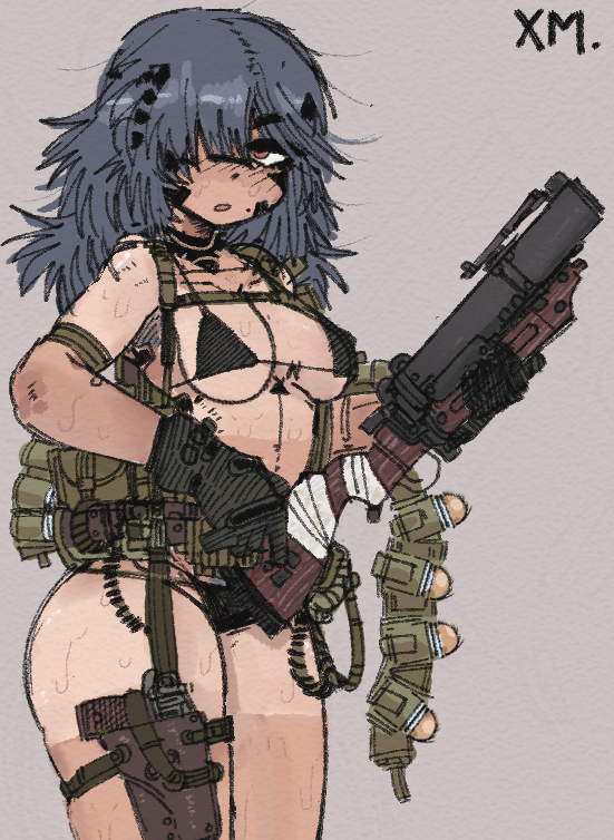 1girl ammunition ammunition_belt ammunition_pouch bikini black_bikini break-action_grenade_launcher cowboy_shot gloves grenade_cartridge grenade_launcher gun hair_over_one_eye handgun holding holding_gun holding_weapon holster large-caliber_cartridge long_hair m79 open_mouth original pouch swimsuit tan tanline thigh_holster verseshi weapon