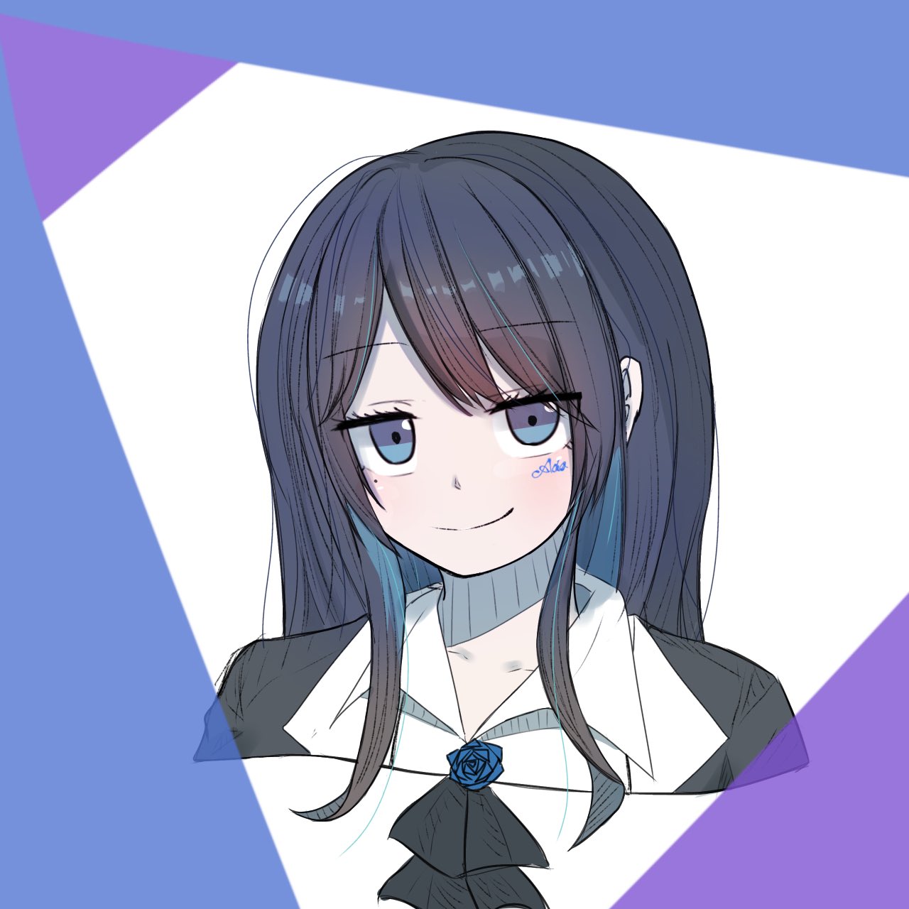 1girl ado_(utaite) ascot black_ascot black_hair blue_eyes blue_flower blue_hair blue_rose brooch chando_(ado) character_name closed_mouth colored_inner_hair commentary_request facial_mark flower flower_brooch highres long_hair looking_at_viewer mole mole_under_eye multicolored_hair rose sidelocks smile solo tanake_(tanakei_ado) utaite