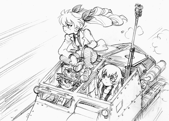 10s 3girls anchovy_(girls_und_panzer) anti-materiel_rifle arsene_lupin_iii arsene_lupin_iii_(cosplay) asari_yoshitoo blush bow carpaccio_(girls_und_panzer) carro_veloce_cv-33 cosplay crossover crown drill_hair driving girls_und_panzer greyscale gun hair_bow hat ishikawa_goemon_xiii ishikawa_goemon_xiii_(cosplay) jacket japanese_clothes jigen_daisuke jigen_daisuke_(cosplay) katana long_hair looking_at_another looking_away lupin_iii military military_vehicle monochrome motor_vehicle multiple_girls necktie on_tank parody pepperoni_(girls_und_panzer) profile rifle short_hair sitting sketch sniper_rifle suit_jacket sword tank twin_drills weapon wind