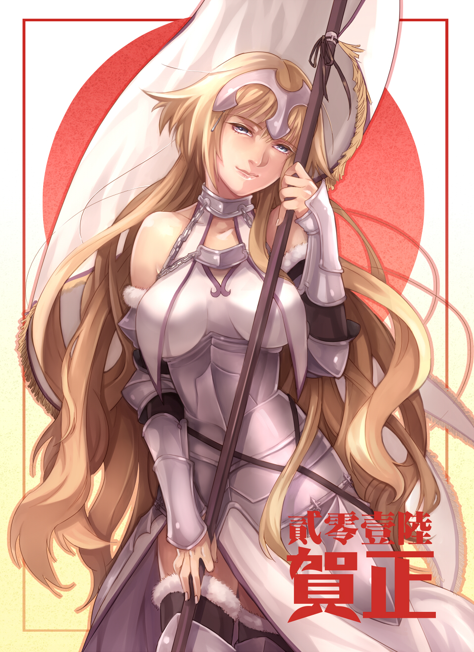 1girl armor black_hair blonde_hair blue_eyes breasts commentary_request cowboy_shot detached_sleeves fate/grand_order fate_(series) flag fur-trimmed_thighhighs fur_trim haruhikohiko head_tilt highres holding holding_flag jeanne_d&#039;arc_(fate) jeanne_d&#039;arc_(ruler)_(fate) jeanne_d&#039;arc_(third_ascension)_(fate) long_hair medium_breasts skirt smile solo thighhighs translation_request vambraces very_long_hair white_skirt