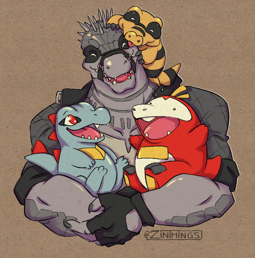 brown_background closed_eyes colored_skin crocodile_boy crossover daylon_(sobek)_(dislyte) dislyte fingerless_gloves fuecoco gen_2_pokemon gen_5_pokemon gloves grey_jacket grey_skin holding holding_pokemon jacket nintendo on_head open_mouth pokemon pokemon_(creature) pokemon_on_head sandile smile tongue tongue_out totodile zinthings