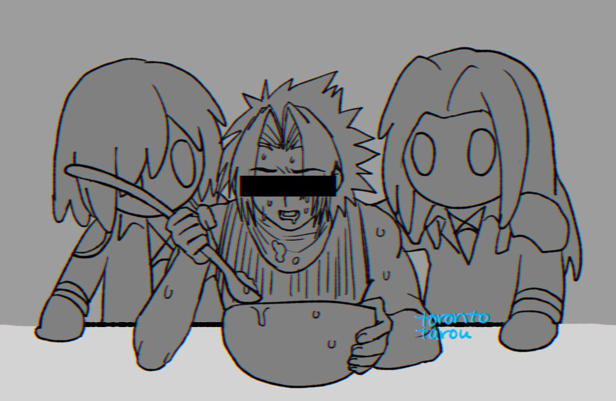 1boy 2others blank_room_soup bowl censored censored_identity character_doll crying eating final_fantasy final_fantasy_vii food genesis_rhapsodos hand_on_another's_shoulder holding holding_ladle indoors ladle mascot_costume meme multiple_others nervous_sweating open_mouth parody saliva sephiroth short_hair soup spiked_hair sweat table torontotarou upper_body zack_fair