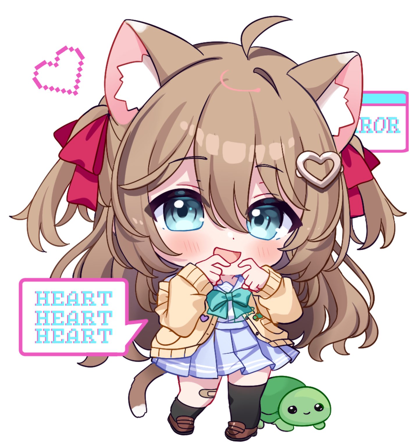 1girl ahoge animal_ears aqua_bow aqua_bowtie asymmetrical_legwear bandaid bandaid_on_leg black_socks black_thighhighs blue_eyes blue_sailor_collar blue_skirt blush bow bowtie brown_hair cardigan cat_ears cat_girl cat_tail chibi chocola_vt commentary dress_shirt english_commentary full_body hair_between_eyes hair_ribbon heart highres loafers long_hair long_sleeves looking_at_viewer neuro-sama open_cardigan open_clothes open_mouth pleated_skirt red_ribbon ribbon sailor_collar shirt shirt_tucked_in shoes simple_background single_sock single_thighhigh skirt socks speech_bubble standing tail thighhighs two_side_up uneven_legwear vedal987 vedal_ai virtual_youtuber white_background white_shirt yellow_cardigan