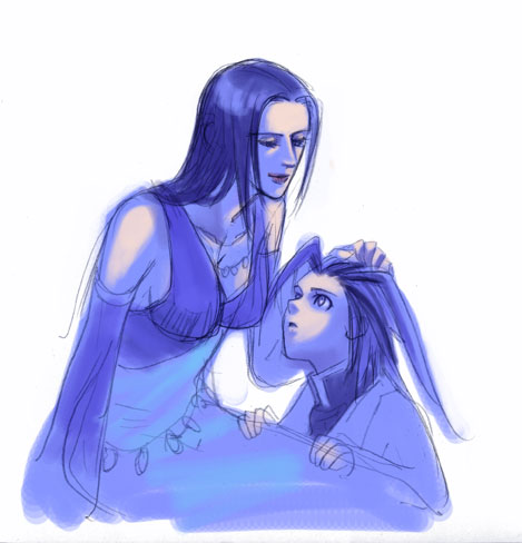 00s 1boy 1girl bare_shoulders blue_theme child detached_sleeves dress final_fantasy final_fantasy_x hand_on_head kareji long_hair looking_at_another lowres mature_female mother_and_son seymour_guado seymour_guado&#039;s_mother short_hair sketch aged_down