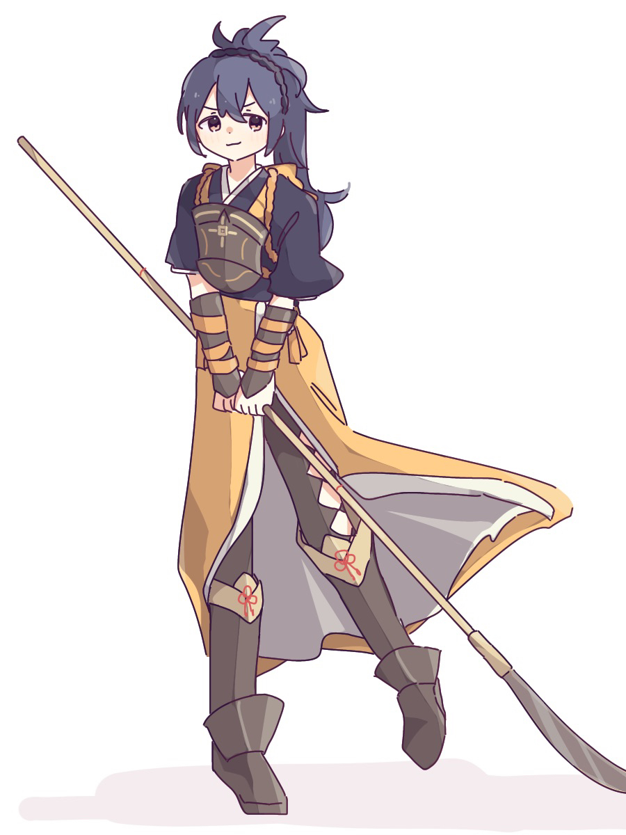 1girl apron armor blue_hair braid crown_braid fire_emblem fire_emblem_fates high_ponytail highres japanese_armor japanese_clothes naginata nintendo oboro_(fire_emblem) orange_apron polearm ponytail sorane_amus weapon