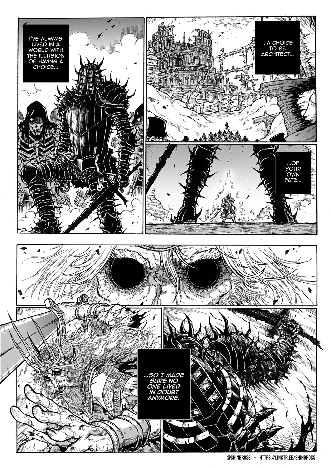 armor crown dark_souls_(series) darkwraith_(dark_souls) english_text fighting fromsoftware full_armor gwyn_lord_of_cinder highres holding holding_sword holding_weapon hollow_eyes knight knight_of_thorns_kirk pauldrons shinbross shoulder_armor skeleton skull spiked_pauldrons sword thorns weapon