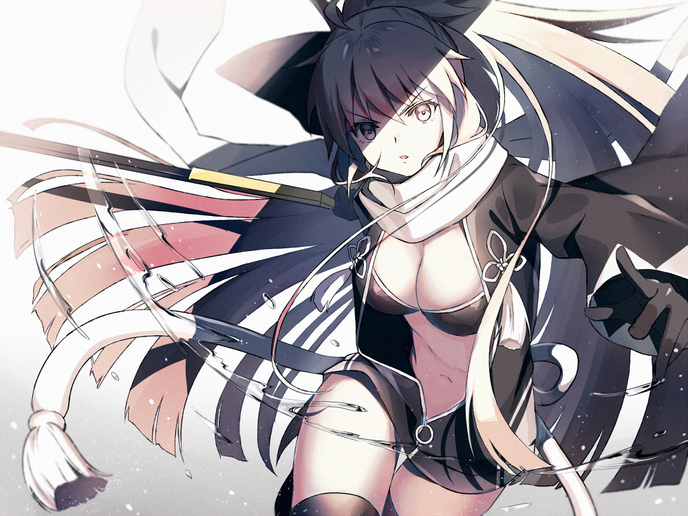 1girl ahoge artist_request bad_id bad_pixiv_id bikini bikini_top_only black_bikini black_jacket black_thighhighs blonde_hair breasts cleavage fate/grand_order fate_(series) female_focus gradient_background grey_background holding holding_weapon jacket large_breasts long_hair long_sleeves looking_at_viewer navel okita_j._souji_(fate) okita_j._souji_(second_ascension)_(fate) okita_souji_(fate) okita_souji_(koha-ace) open_clothes open_jacket scarf shadow simple_background solo swimsuit tassel thighhighs water weapon white_scarf yellow_eyes